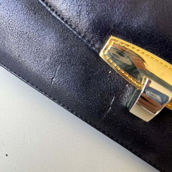 VTG 50s 60s Korent Navy Genuine Leather Top Handle Bag Gold Hardware Red Lining - Picture 7 of 14